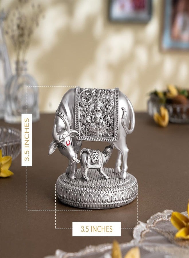Svastika Silver-Plated Kamdhenu Cow with Calf Idol | Auspicious Vastu Remedy for Wealth & Prosperity for Weddings & Housewarming (3.5 Inch) - Image 2